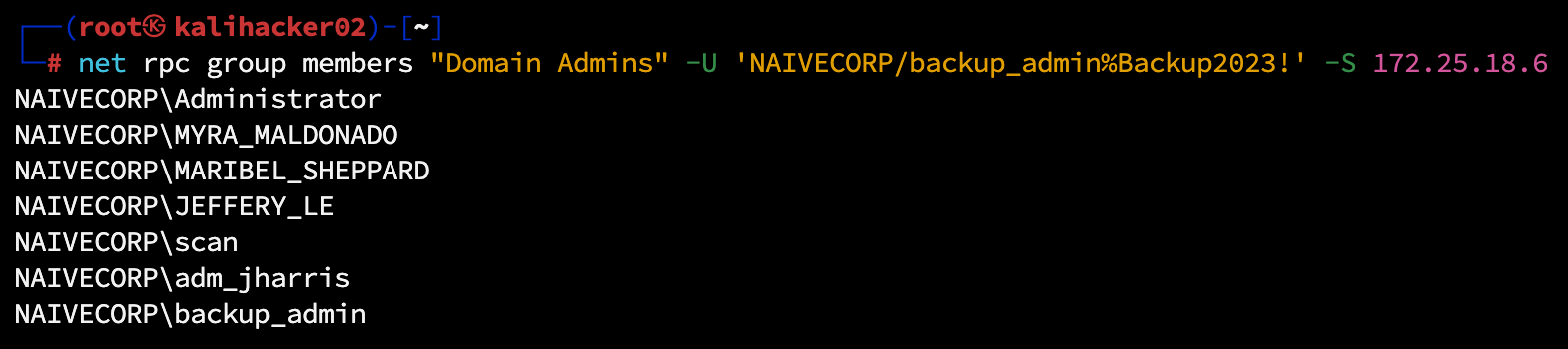 Domain Admins group membership showing backup_admin with full domain access