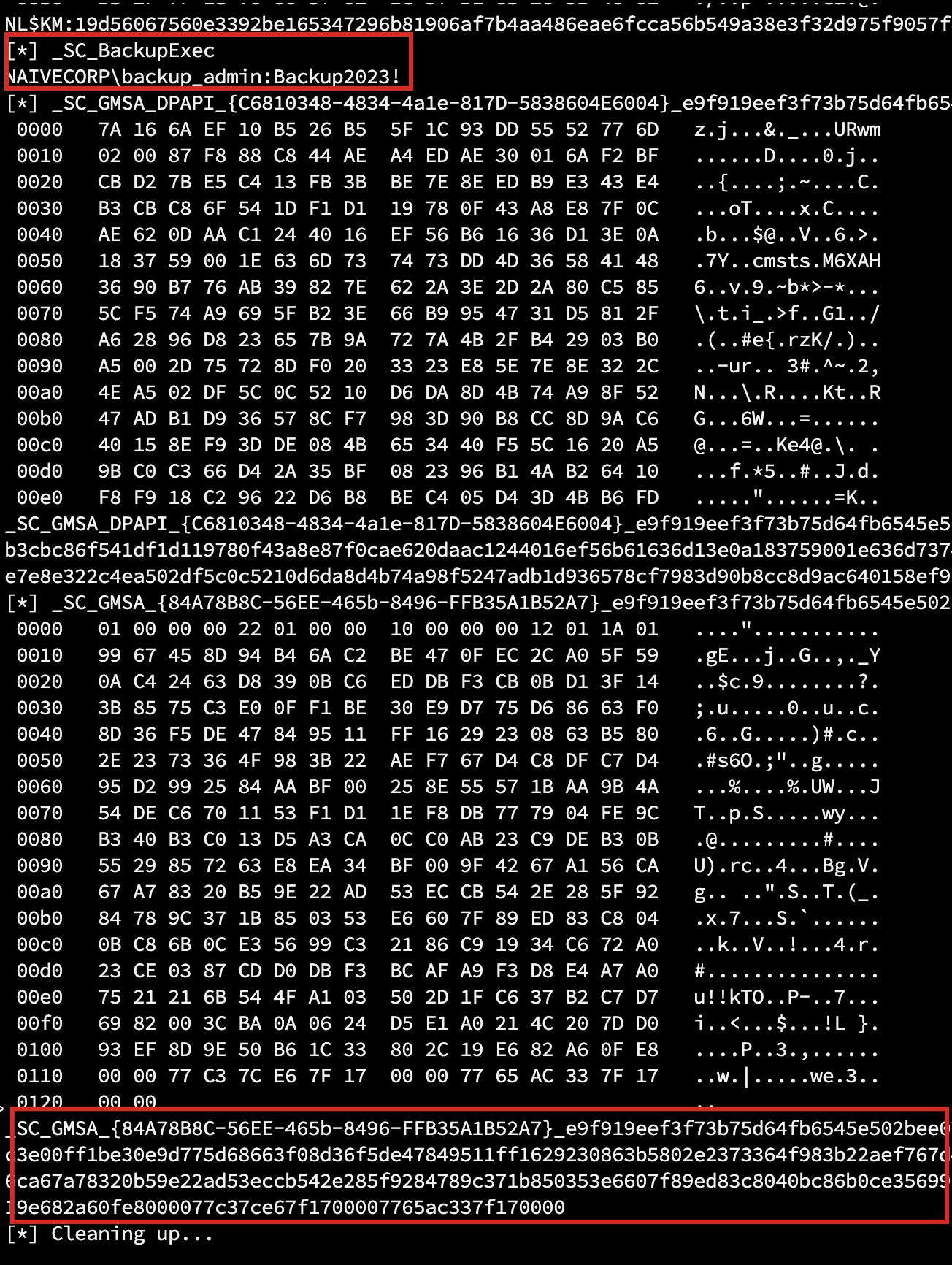 secretsdump output comparing plaintext service account password against gMSA managed password blob