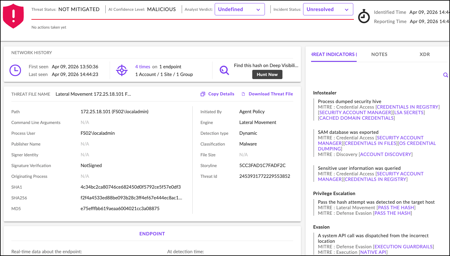 SentinelOne alert detecting LSA secrets extraction on a compromised workstation