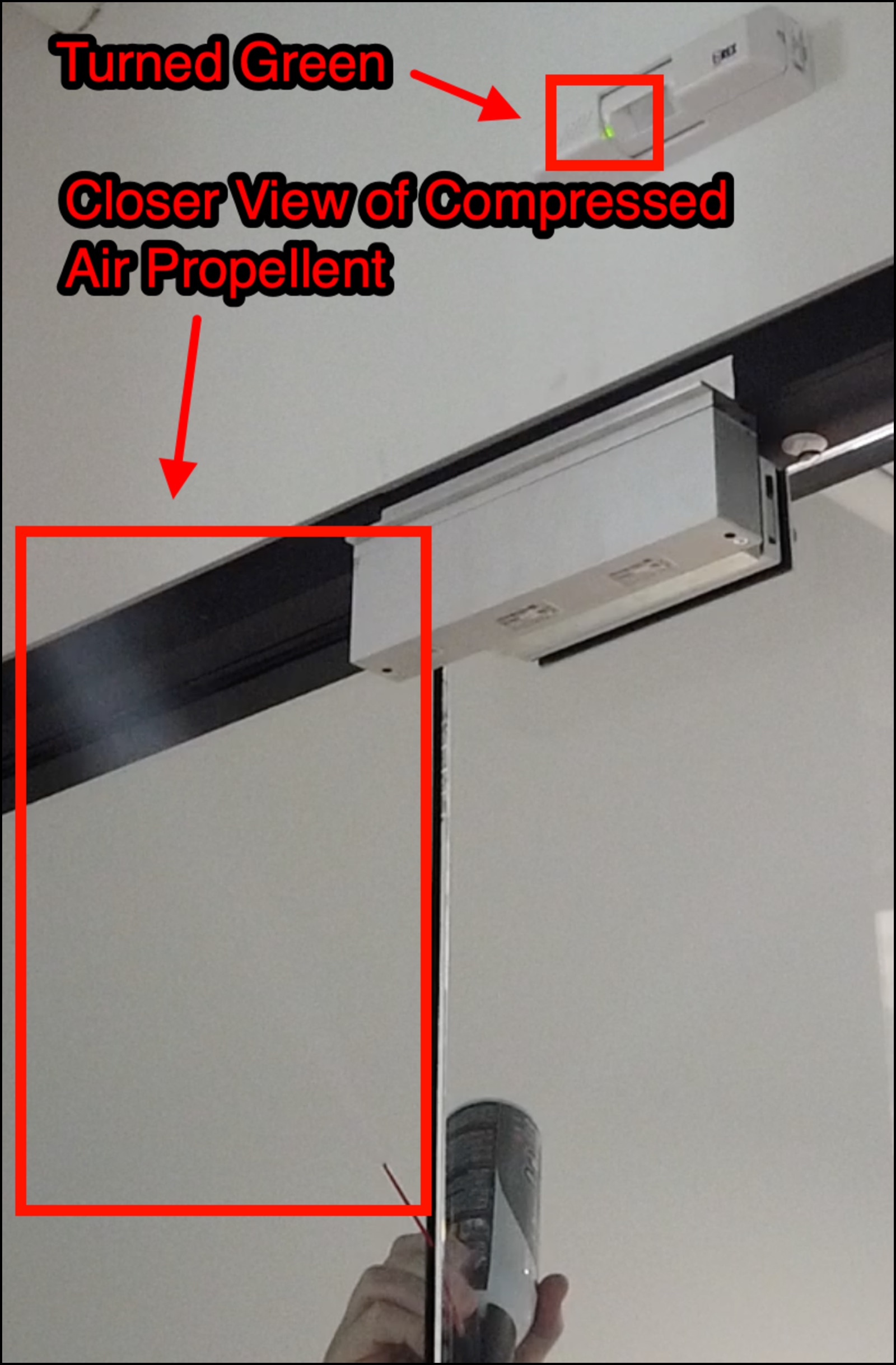 Access control reader showing a green indicator light after the REX sensor triggered, indicating the magnetic lock has released