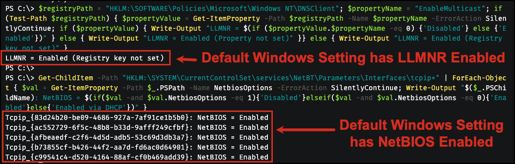PowerShell verification on a hardened endpoint: every interface under HKLM:\SYSTEM\CurrentControlSet\services\NetBT\Parameters\Interfaces shows NetbiosOptions : 2 (NetBIOS over TCP/IP disabled). No errors.